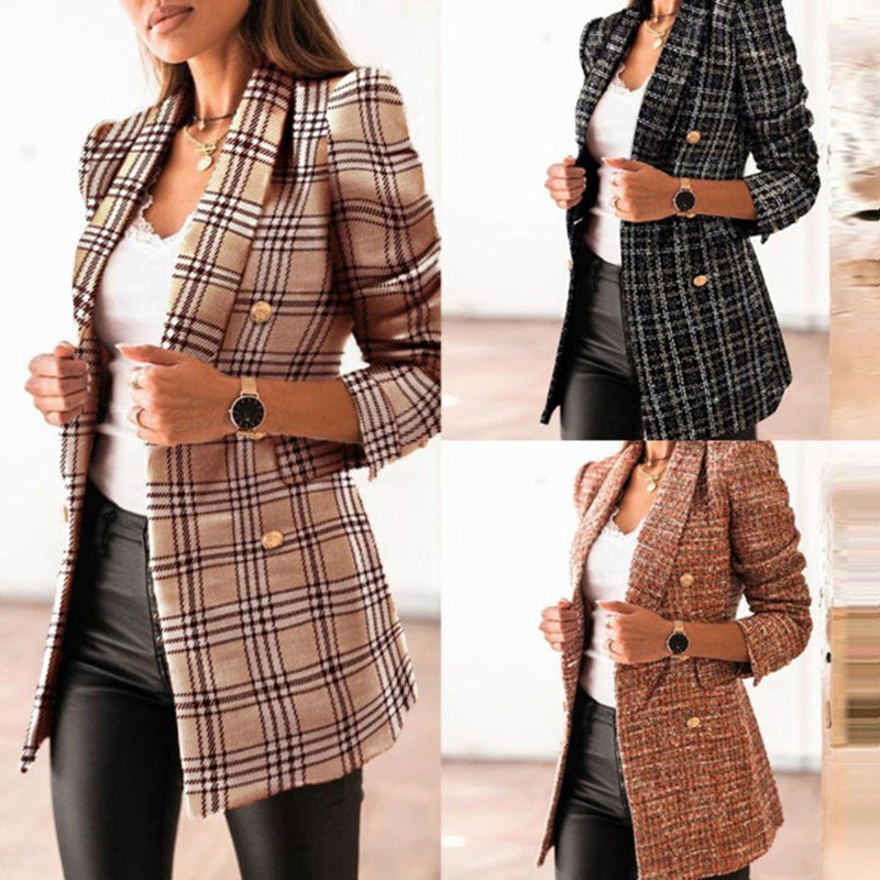 Damen Eleganter Tweed Blazer mit doppelter Knopfreihe und modischen Puffärmeln Stalluxe
