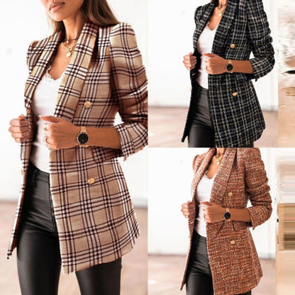 Damen Eleganter Tweed Blazer mit doppelter Knopfreihe und modischen Puffärmeln Stalluxe