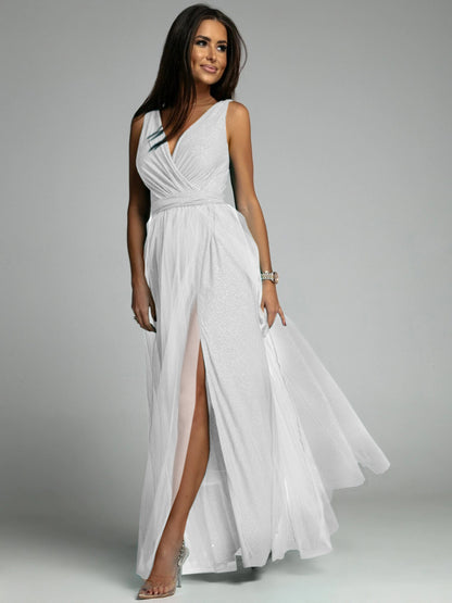 Damen Maxikleid mit V-Ausschnitt und elegantem Faltenwurf Stalluxe