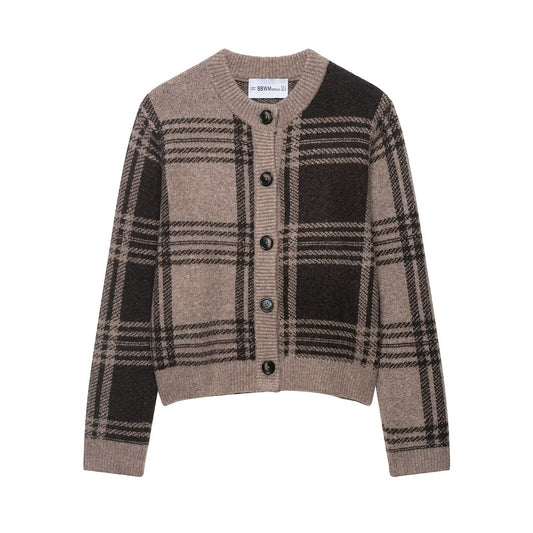 Damen modische Strickjacke mit Karomuster und Knopfdetails Stalluxe