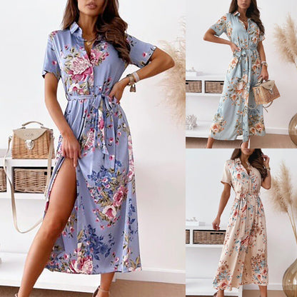 Damen elegantes Maxikleid mit floralen Mustern und taillierbarem Gürtel Stalluxe