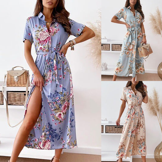 Damen elegantes Maxikleid mit floralen Mustern und taillierbarem Gürtel Stalluxe