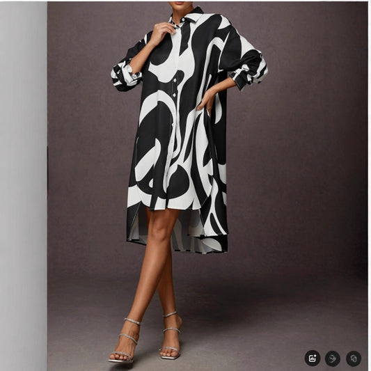 Damen Hemdblusenkleid mit modernem Grafikdruck und asymmetrischem Schnitt Stalluxe