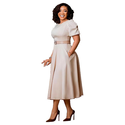 Damen Midikleid mit Puffärmeln und tailliertem Gürtel Stalluxe