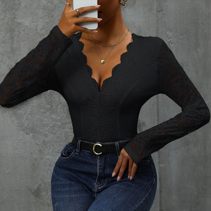 Damen Spitze Bodysuit mit V-Ausschnitt und langen Ärmeln Stalluxe