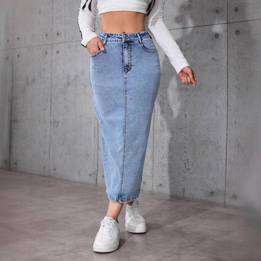 Damen Langer Jeansrock mit hohem Bund Stalluxe
