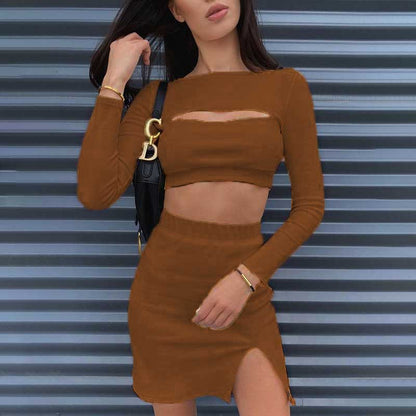 Damen Zweiteiliges Set mit schulterfreiem Crop-Top und Bodycon Rock mit Schlitz Stalluxe