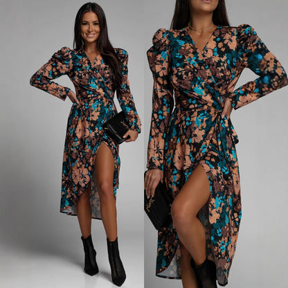 Damen Wickelkleid mit floralen Mustern und eleganten Puffärmeln Stalluxe