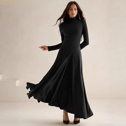 Damen Elegantes Langarm Maxikleid mit hohem Kragen und fließendem Rock Stalluxe