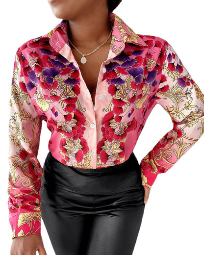Damen Schicke Druckbluse mit modischem Kragen und figurbetonendem Schnitt Stalluxe