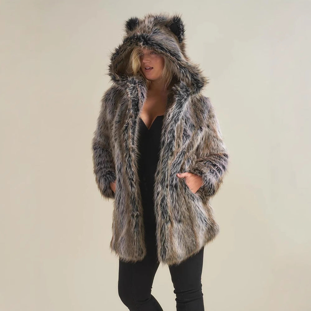 Damen Hooded Faux-Fur-Mantel mit Ohrenschützer Stalluxe