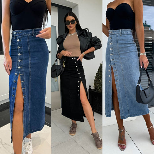 Damen Denim-Midirock mit seitlichem Schlitz und Knopfdetails Stalluxe
