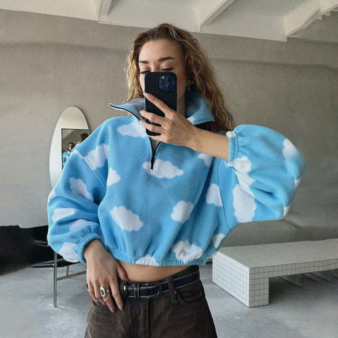 Damen Crop-Pullover mit Wolkenmuster Stalluxe