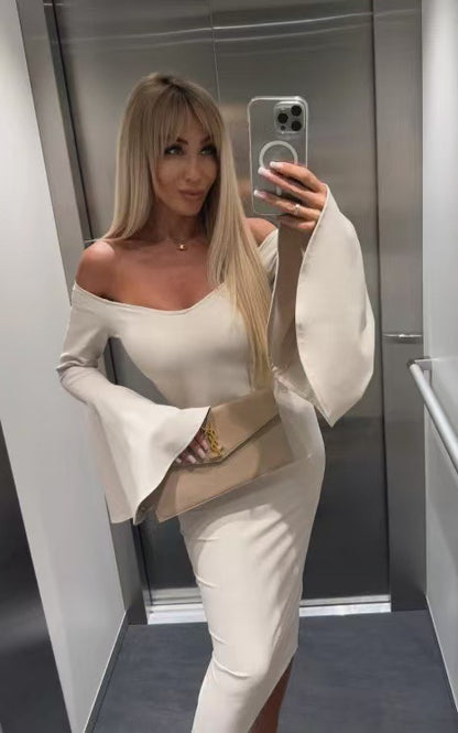 Damen Elegantes Langarmkleid mit weiten Ärmeln und Schlitz Stalluxe