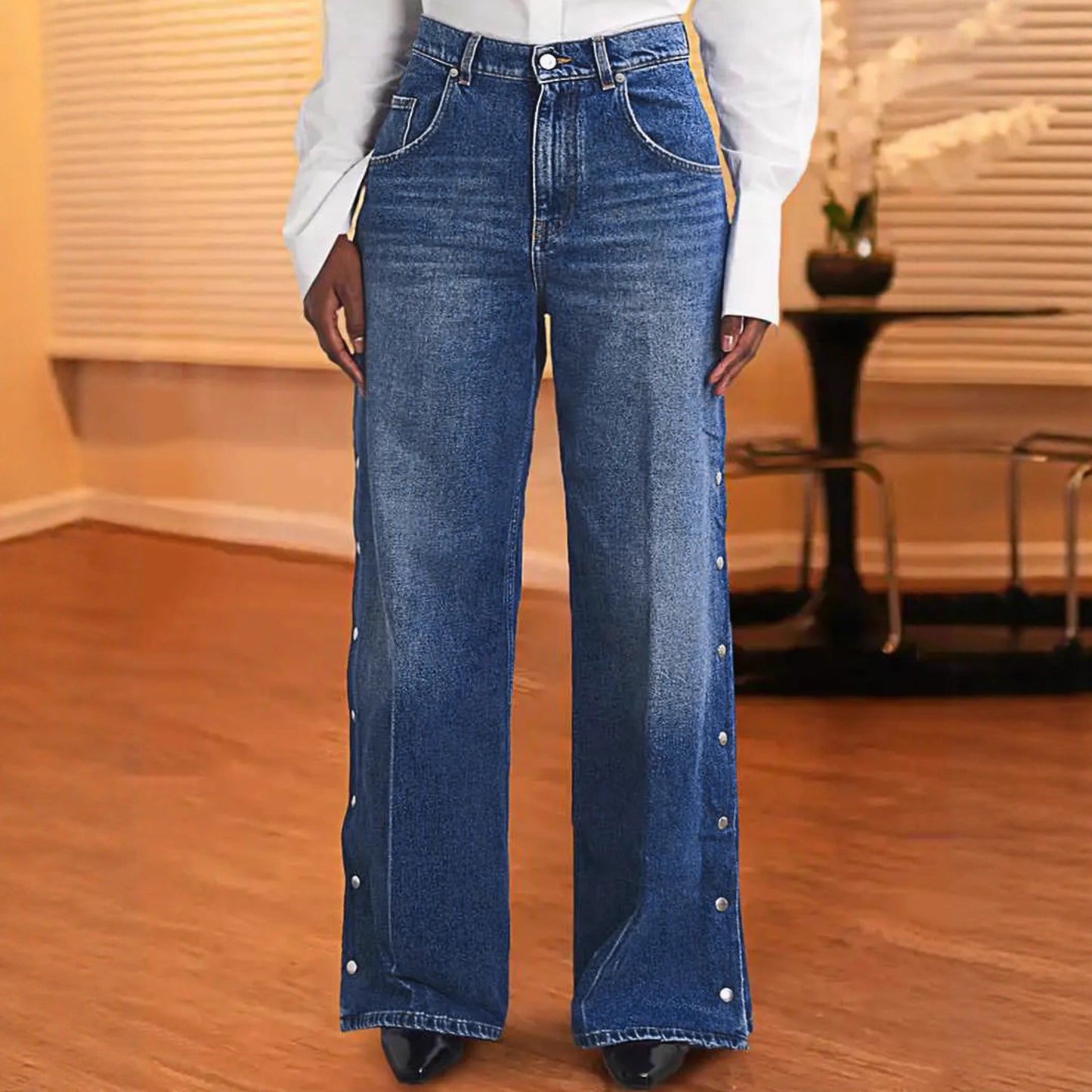 Damen Weite Denimhose mit Knopfleiste und hohem Bund Stalluxe