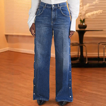 Damen Weite Denimhose mit Knopfleiste und hohem Bund Stalluxe