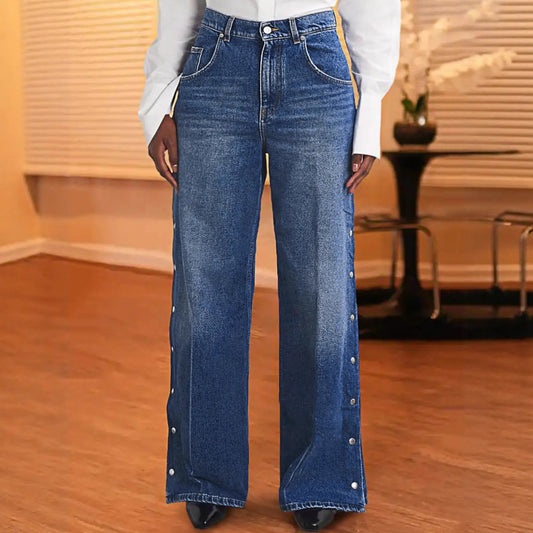 Damen Weite Denimhose mit Knopfleiste und hohem Bund Stalluxe