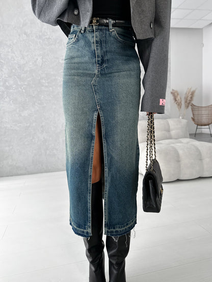 Damen Jeansrock mit hohem Schlitz im modernen Used-Look Stalluxe