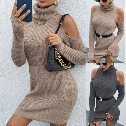 Damen Strickkleid mit schickem Rollkragen und offenen Schultern Stalluxe