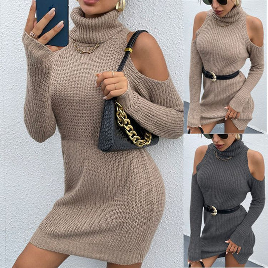 Damen Strickkleid mit schickem Rollkragen und offenen Schultern Stalluxe