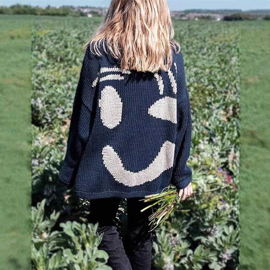Damen Grobstrickpullover mit kreativem Smiley-Motiv Stalluxe
