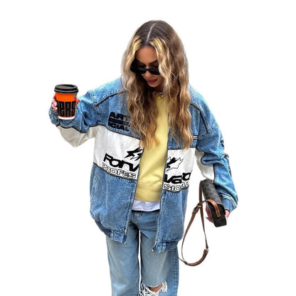 Damen Oversized Denim-Jacke mit kontrastreichen Applikationen und modernem Schnitt Stalluxe