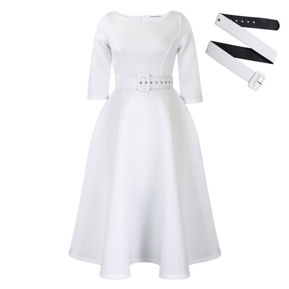 Damen Elegantes A-Linien Kleid mit Gürtel und ¾-Ärmeln Stalluxe