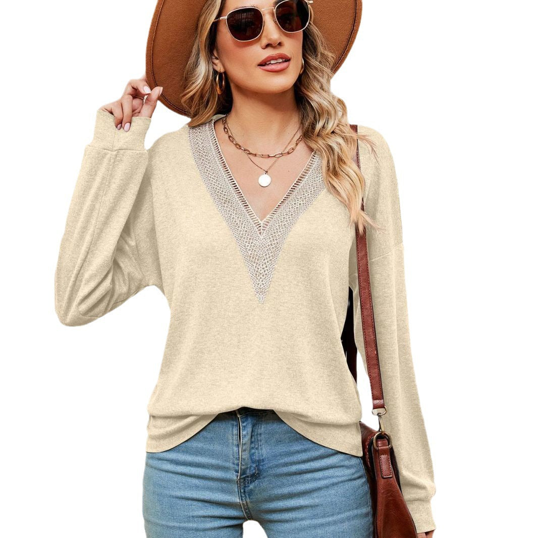 Damen V-Ausschnitt Pullover mit Spitzenakzenten und lässigem Schnitt Stalluxe