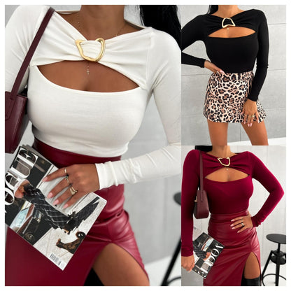 Damen Elegantes Oberteil mit innovativem Cut-Out und langen Ärmeln Stalluxe