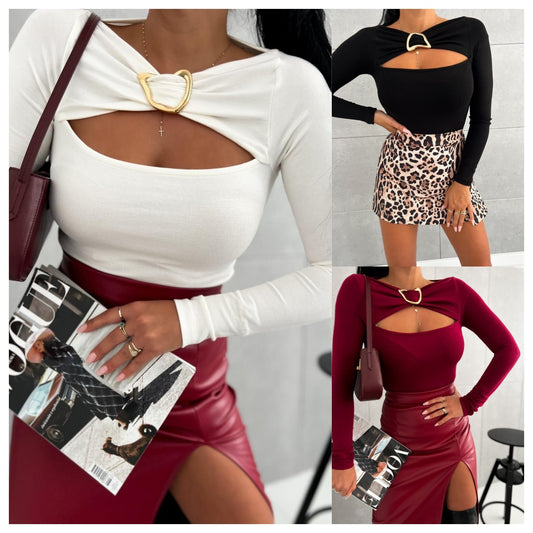 Damen Elegantes Oberteil mit innovativem Cut-Out und langen Ärmeln Stalluxe