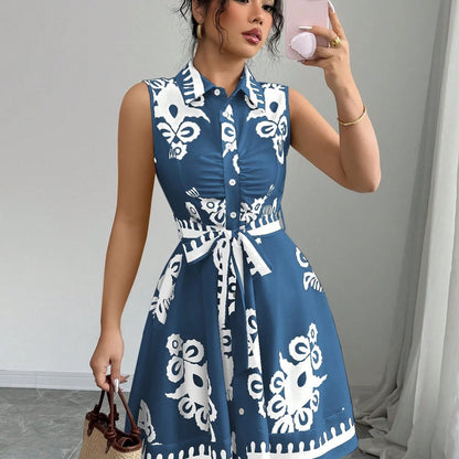 Damen Blusenkleid mit elegantem Taillengürtel und verspieltem Muster Stalluxe