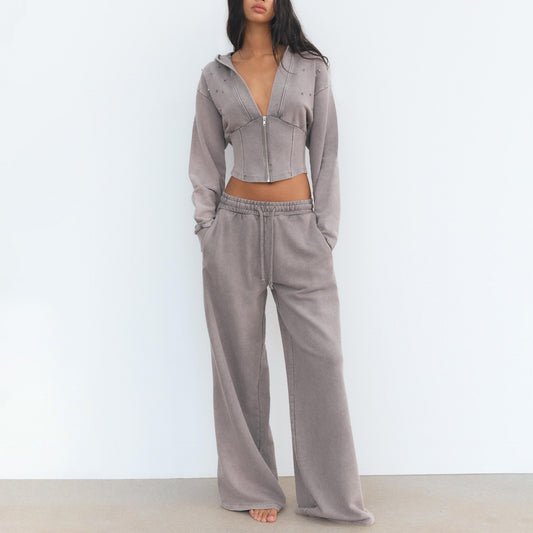 Damen modischer Zweiteiler mit cropped Hoodie und weiten Hosen Stalluxe