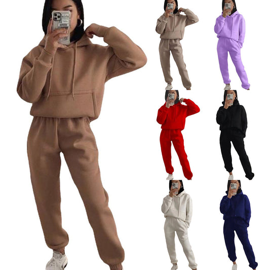 Damen lässiger Fleece-Sweatsuit mit cropped Hoodie und elastischer Hose Stalluxe