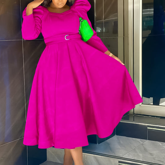 Damen Midikleid mit eleganten Puffärmeln und Gürtel Stalluxe