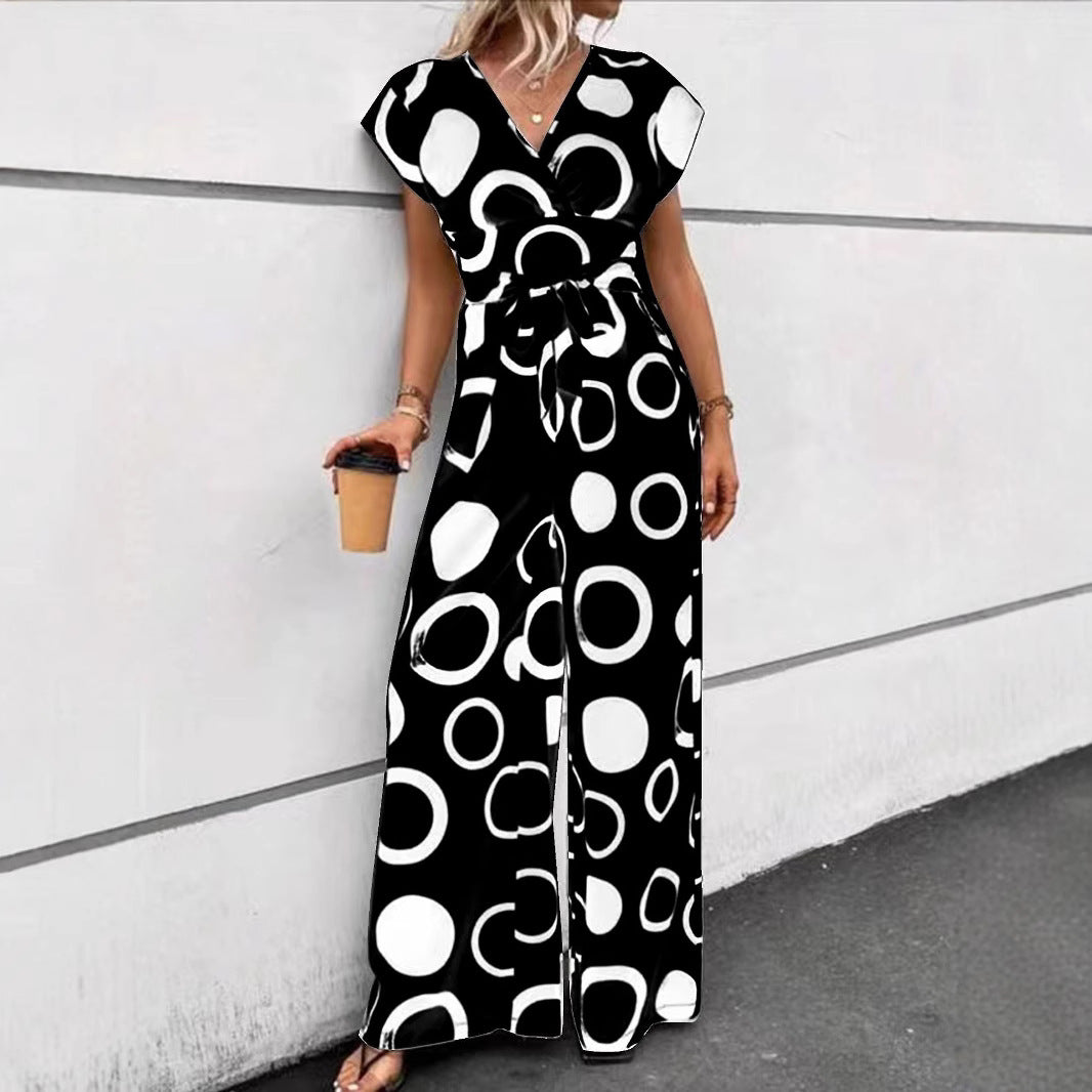 Damen Jumpsuit mit modernem Kreismuster und Taillengürtel Stalluxe
