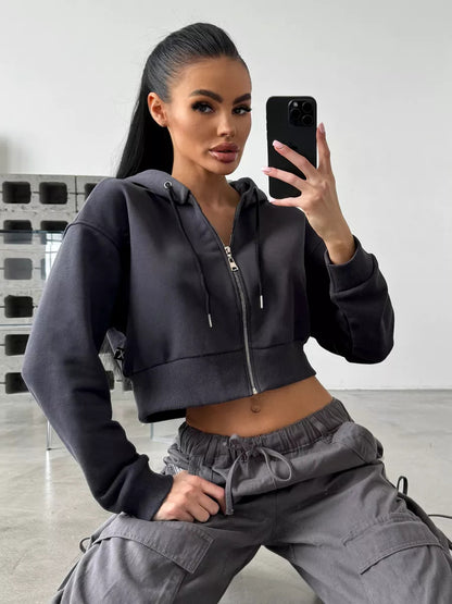 Damen cropped Kapuzenpullover mit bequemen elastischen Bündchen und praktischen Taschen Stalluxe