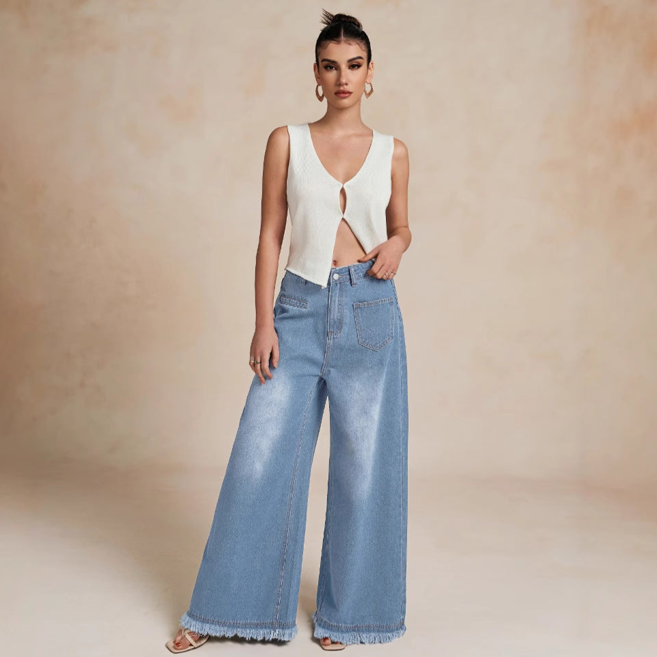 Damen Weite Denim-Hose mit Fransensaum und hohem Bund Stalluxe