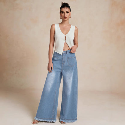 Damen Weite Denim-Hose mit Fransensaum und hohem Bund Stalluxe