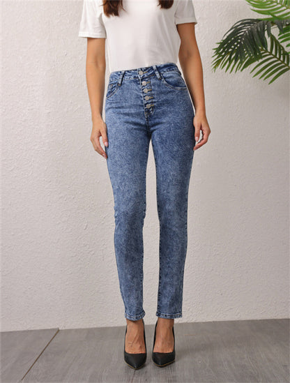Damen hochgeschnittene Jeans mit dekorativem Knopfverschluss Stalluxe