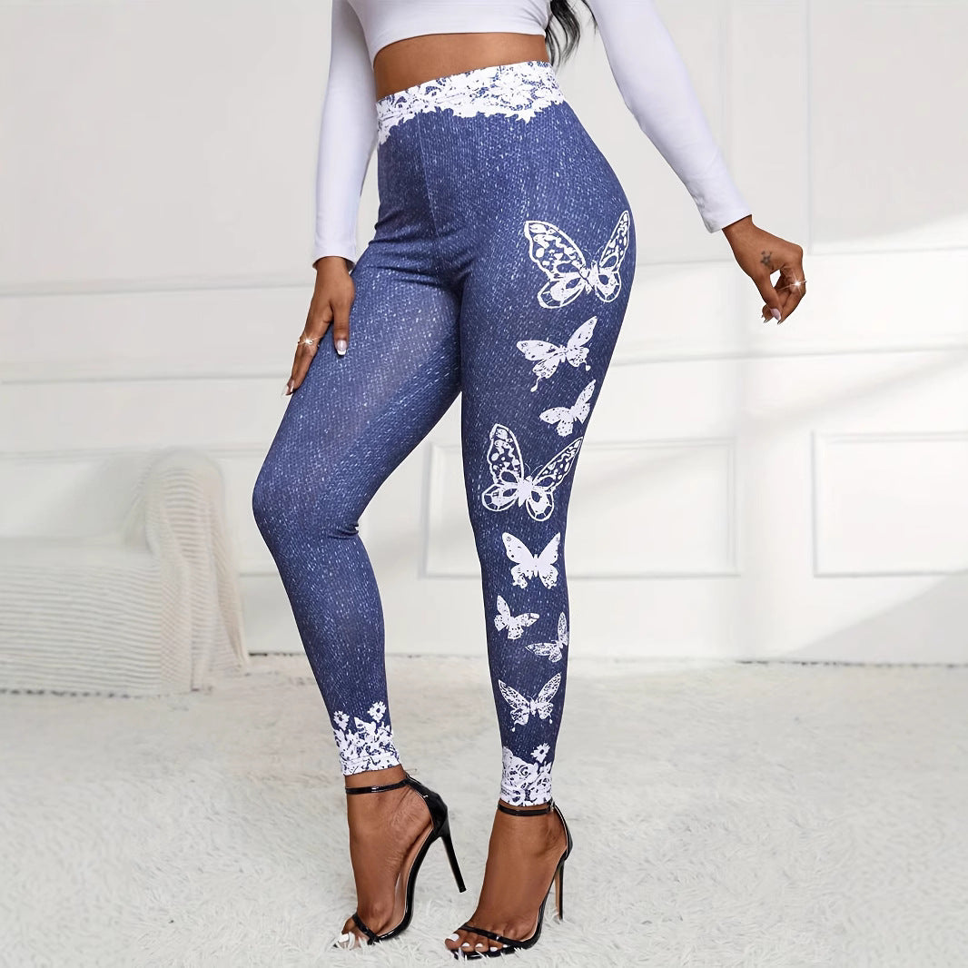 Damen Leggings mit floralem Spitzensaum und buntem Schmetterlingsdruck Stalluxe