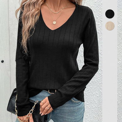 Damen lässiges Langarmshirt mit strukturiertem V-Ausschnitt Stalluxe