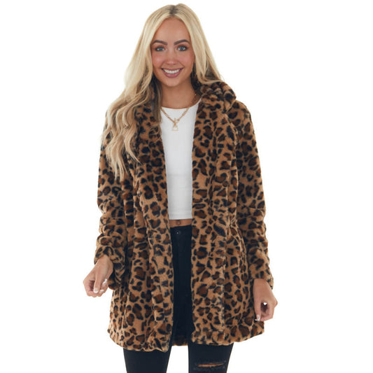 Damen Gemütliche Leopard-Fleecejacke mit offenem Kragen Stalluxe