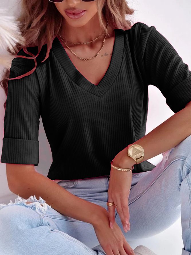 Damen V-Ausschnitt Kurzarmshirt aus geripptem Stoff Stalluxe