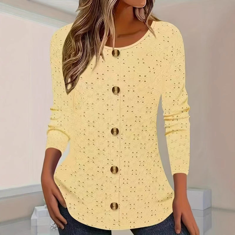 Damen Langarm Blusenshirt mit dekorativen Knopfdetails und filigranem Lochmuster Stalluxe