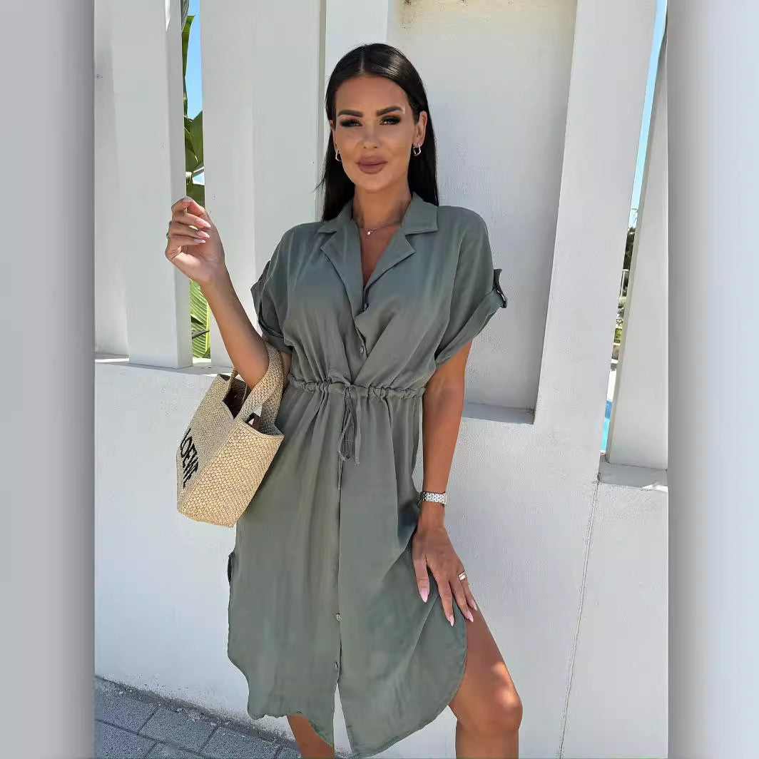 Damen Kurzarm Hemdblusenkleid mit Taillenzug Stalluxe Grün