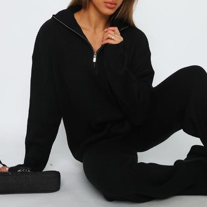 Damen kuscheliges Strick-Loungewear-Set mit hoch geschlossenem Kragen Stalluxe