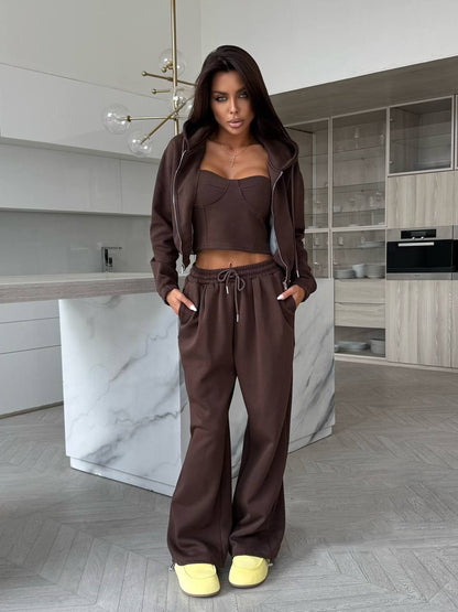 Damen sportliches Fleece-Set mit Jacke und weitem Hosen Stalluxe