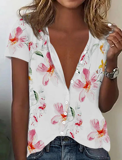 Damen Bluse mit floralem Muster und tiefem V-Ausschnitt Stalluxe