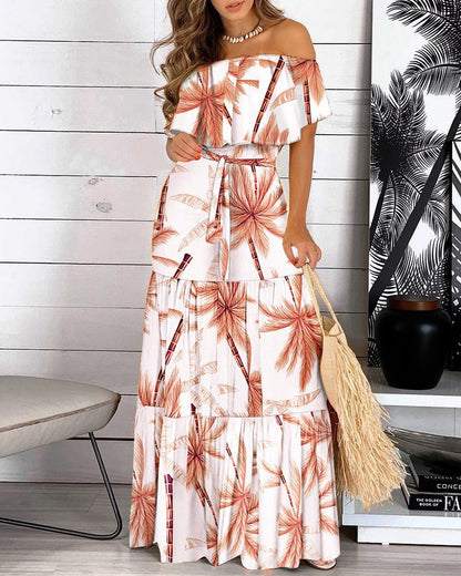Damen Maxikleid mit schulterfreiem Design und animalischem Muster Stalluxe