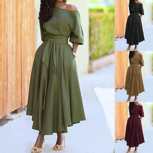 Damen Elegantes Off-Shoulder Maxikleid mit seitlichen Taschen und Taillengürtel Stalluxe